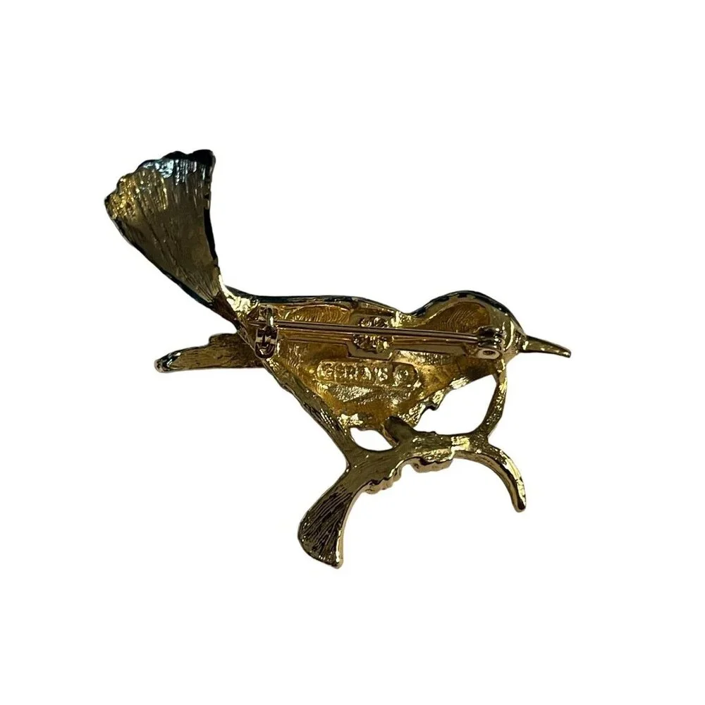 Gerry's Vintage Bird on Branch Brooch Pin‎ Gold Tone Enameled Blue White Read
